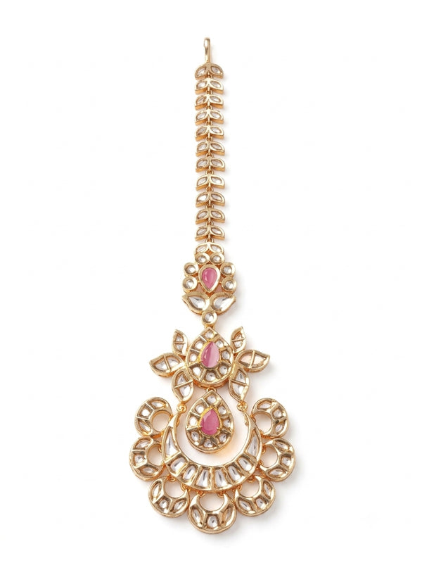 Kundan Chandbali Maang Tikka with Pink Stones | Floral Crescent Polki Kundan Bridal Hair Tikka with Broad Chevron Chain