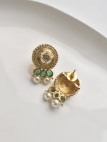 Load image into Gallery viewer, Ornate Necklace with Green and White Kundan | Necklace with Green Stones, Pearls, and Golden accents
