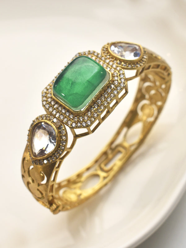 Golden Bracelet with Green Stone and Clear Stones | Bracelet with a Green Gemstone
