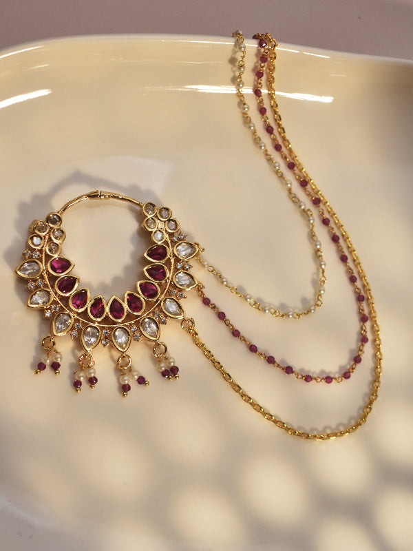 Ruby kundan nath with triple sahare chain | classic ruby pink & polki kundan nath
