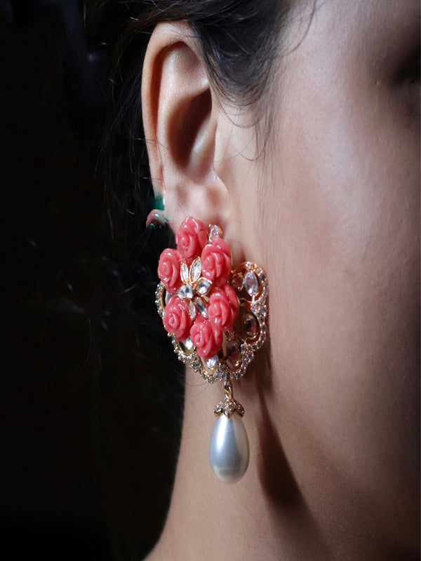 Pink Flower Earrings | Pearl Drop Earrings