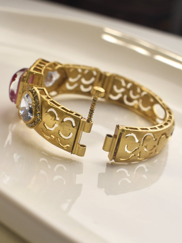 Golden Bracelet with Pink Stone and Clear Stones | Bracelet with a Pink Gemstone