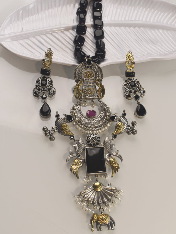 Long Metal Necklace set | Necklace with Black Beads