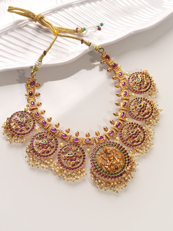 Purple and Green Stones Necklace set | Golden Polished Necklace Set