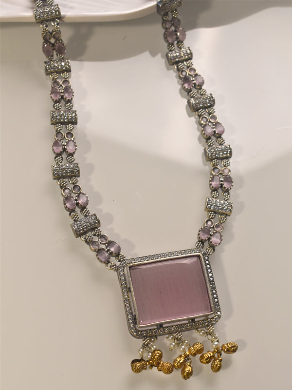 Necklace with pink square pendant and gold accents 