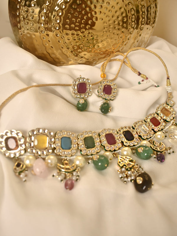Multi color Kundan Necklace | Square Choker With Multi Colour