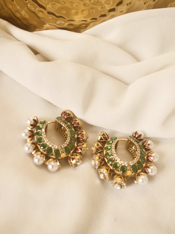 Green and White Stone Hoops | Kundan Earring
