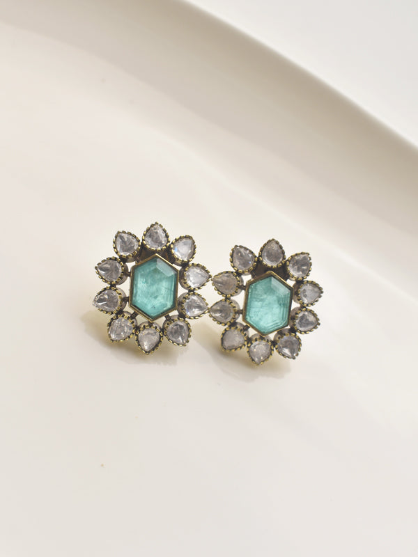 Stylish Green Studs | Kundan Stone Earrings