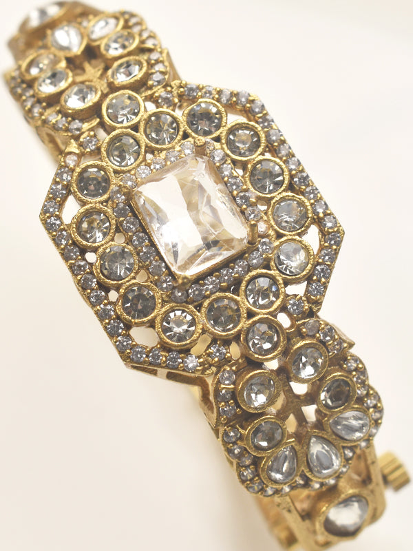 Golden Bracelet with Intricate Design and Clear Stones | AD Bracelet with Golden Polish