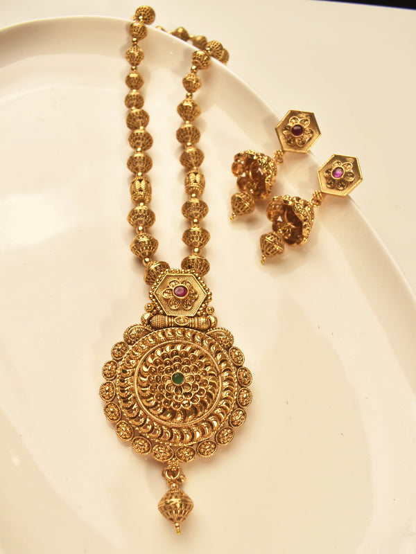 Long Golden Necklace | Golden Matar Mala Necklace With Pendant Set
