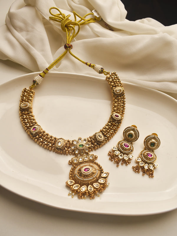 Golden Necklace with Intricate design  | Traditional Necklace Set With Kundan