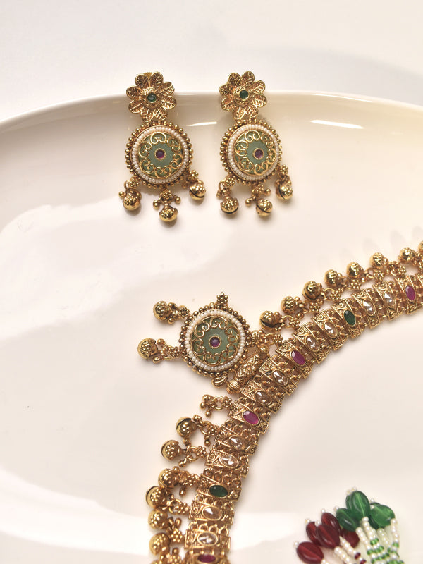 Stylish Necklace Set with Green and Red Stones | Golden Necklace with Colorful Stones