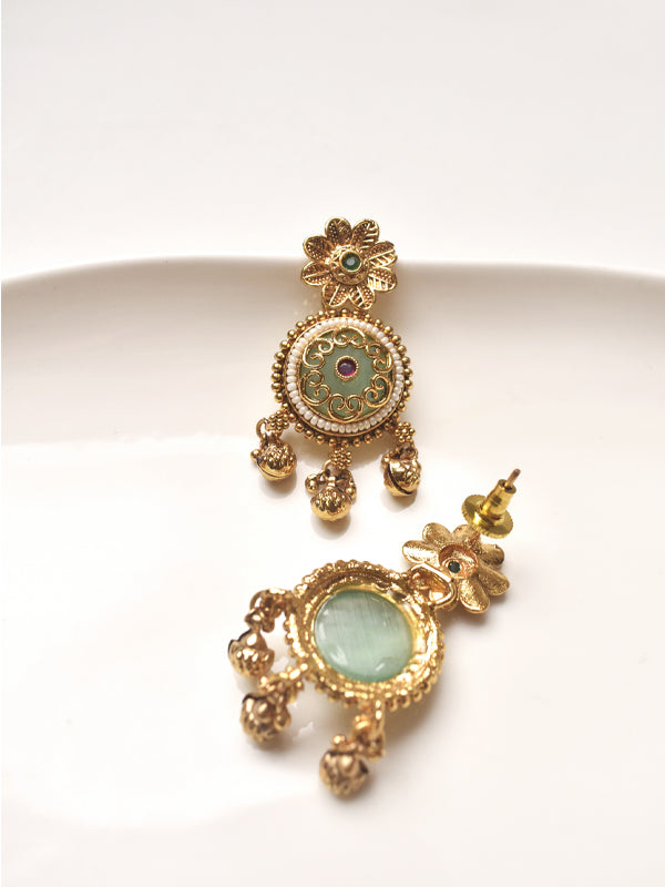 Temple Necklace Set with Green and Red Stones | Golden Necklace with Colorful Stones