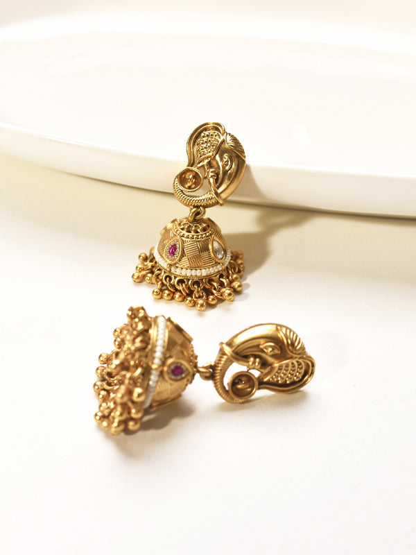 Traditional Necklace Set | Ornate Golden Necklace with Green and pink Stones