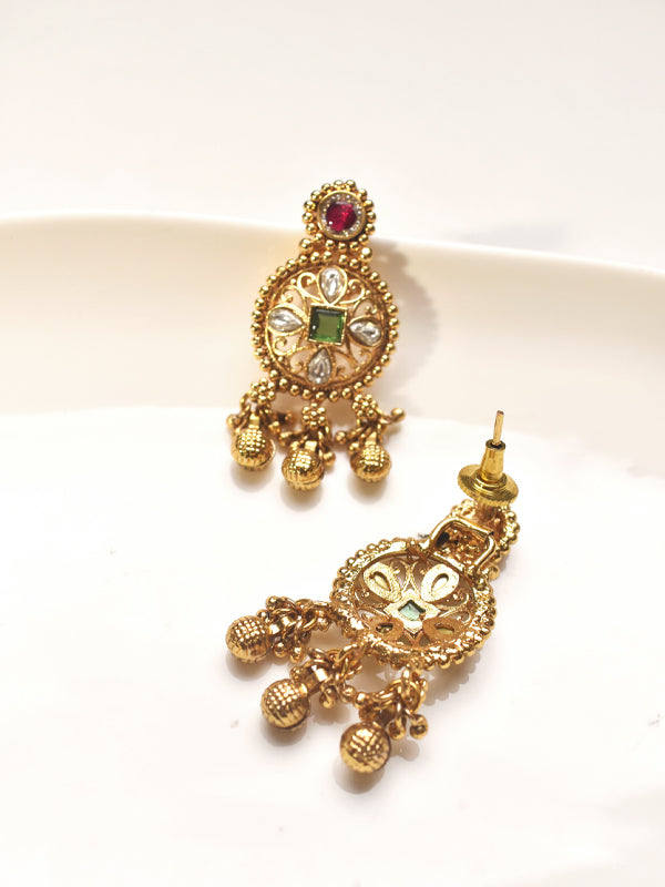 3 Layer Traditional Necklace Set | Golden Necklace with Green and Red Stones