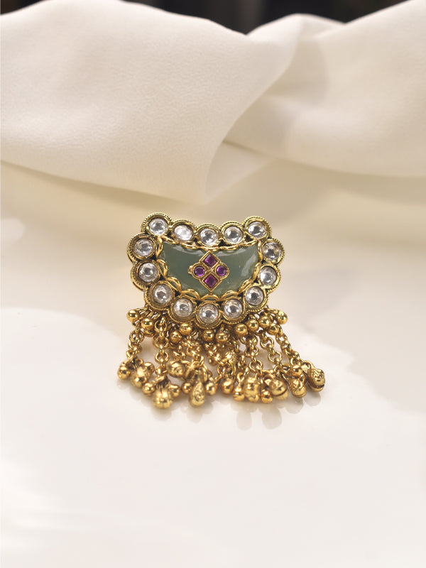 Beautiful Kundan Finger Ring | Golden Finger Ring with Green and Purple Stone