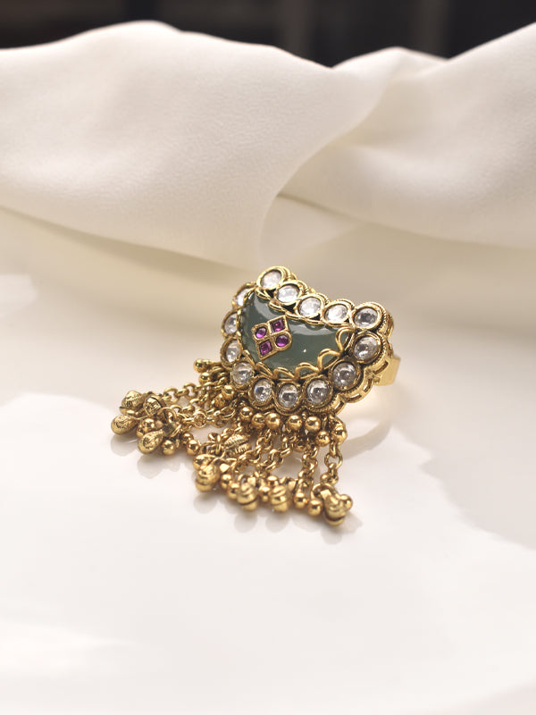 Beautiful Kundan Finger Ring | Golden Finger Ring with Green and Purple Stone