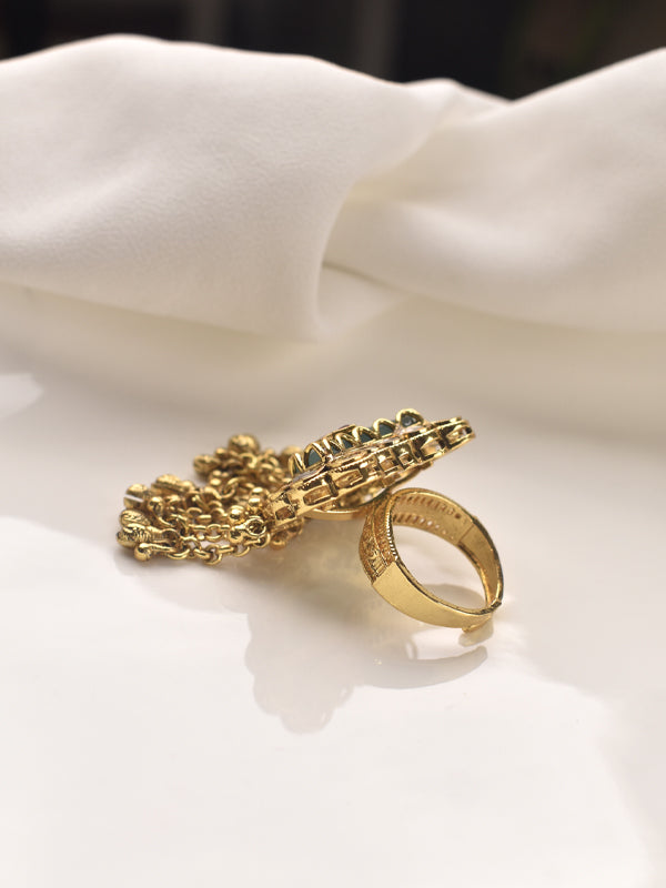Beautiful Kundan Finger Ring | Golden Finger Ring with Green and Purple Stone