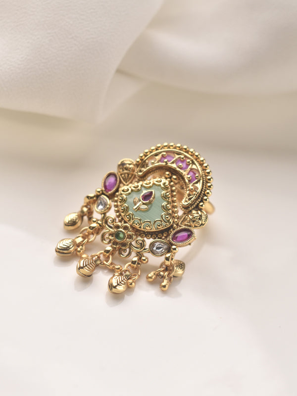 Golden Finger Ring with Intricate Design | Finger Ring with Purple and Green Gemstones