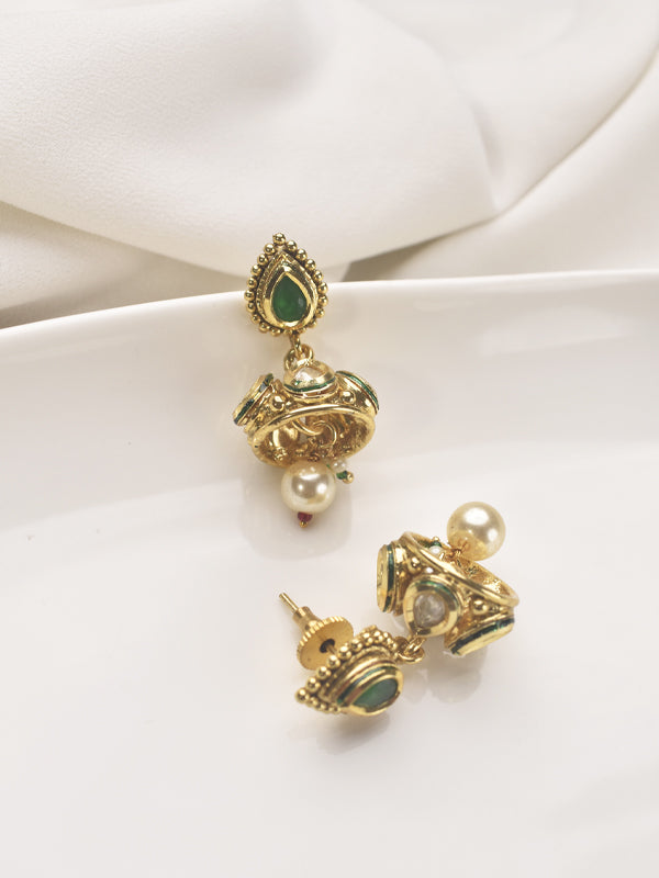 Ornate Necklace with Pearls and Kundan | Golden Necklace with Green Gemstones and Pearls