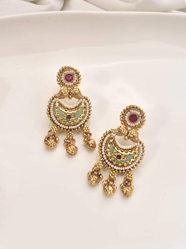 Ornate Golden Necklace with Colorful Stones | Traditional Necklace Set with Green and Red Stones