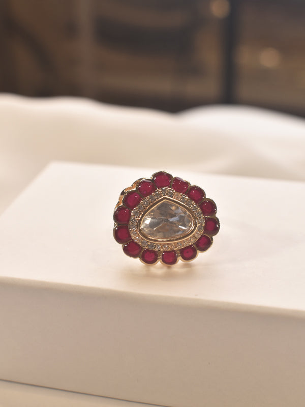 Red Stone Finger Ring | Kundan Finger Ring With Golden Polish