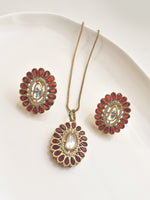 Load image into Gallery viewer, Necklace with a Decorative Pendant | Pendant Set with Kundan and Red Stones
