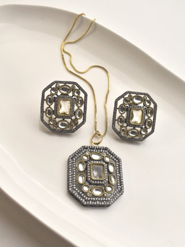 Ornate Pendant Featuring with Kundan | Hexagonal Pendant Set