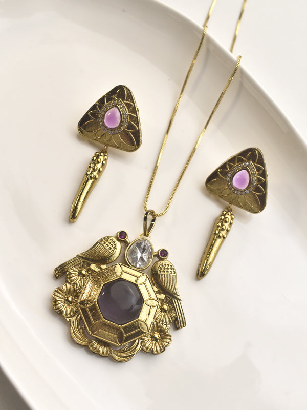 Detailed Pendant Featuring a Pink Stone | Stylish Golden Pendant Set