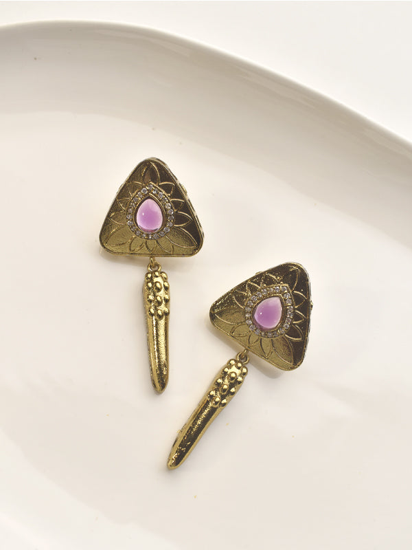 Detailed Pendant Featuring a Pink Stone | Stylish Golden Pendant Set