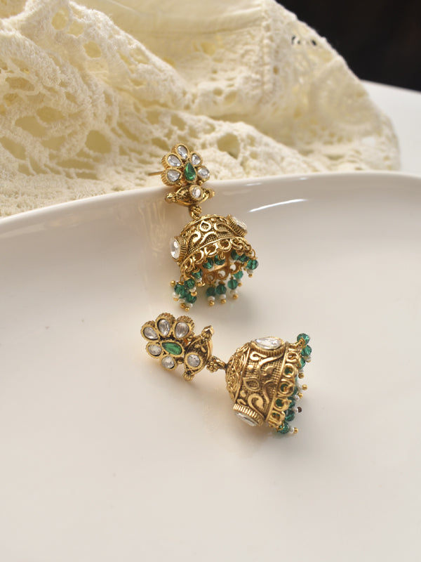 Golden Earrings with Green stone and Kundan Stones | Golden Kundan Jhumka