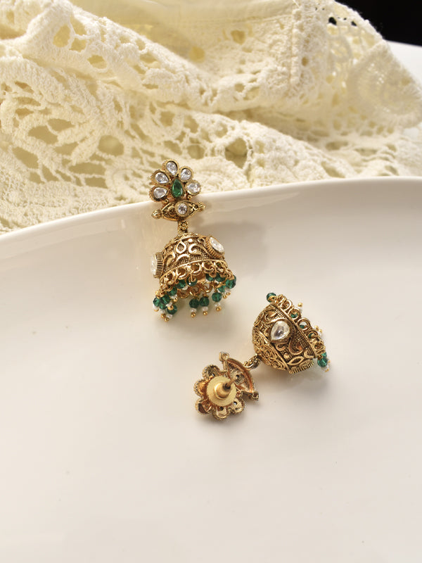 Golden Earrings with Green stone and Kundan Stones | Golden Kundan Jhumka