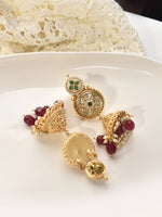 Load image into Gallery viewer, Long Kundan Jhumka with Red Beads | Golden Jhumka with Green Stones
