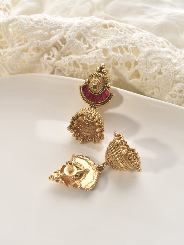 Royal Ruby Temple Jhumka Earrings | Ornate Golden Earrings with Red and Green accents