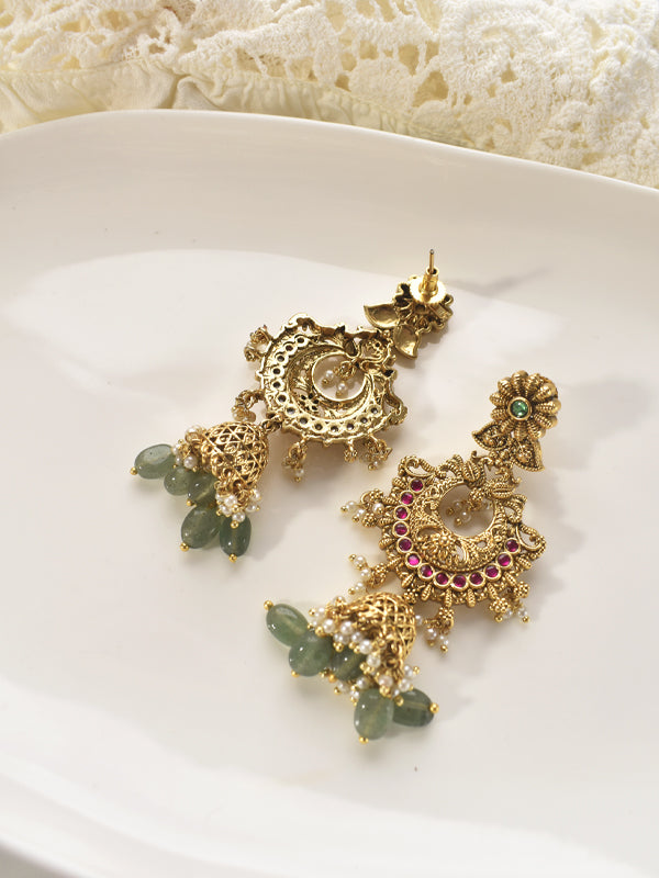 Golden Earrings with Green and Red Stones | Floral Jhumka with Green Beads