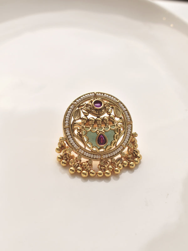 Golden Ring with Intricate Design | Finger Ring with Purple and Green Gemstones
