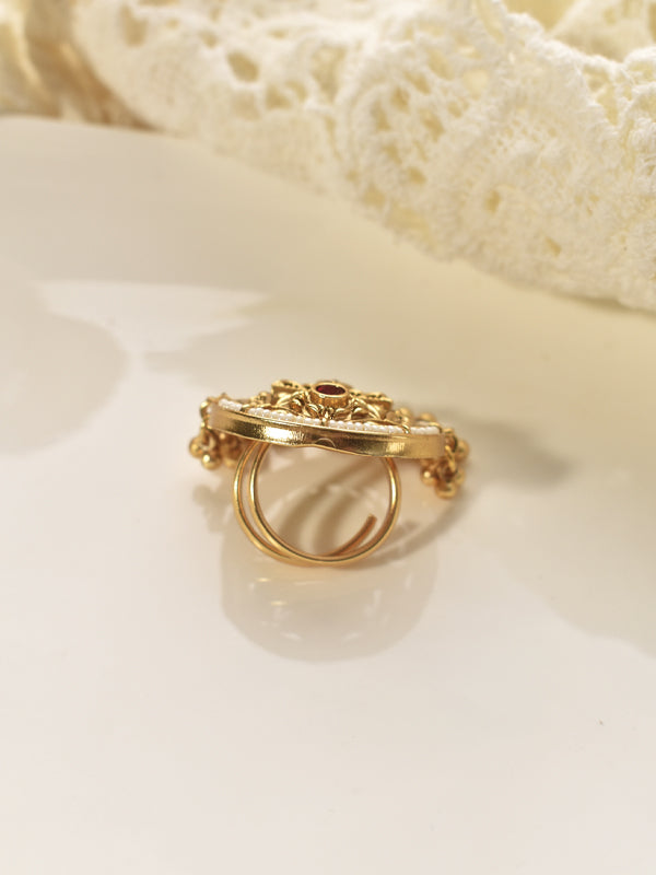 Golden Ring with Intricate Design | Finger Ring with Purple and Green Gemstones