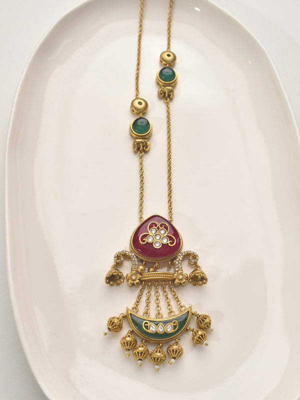 Ornate Golden Necklace with Red and Green Accents | Stylish Pendant Necklace set