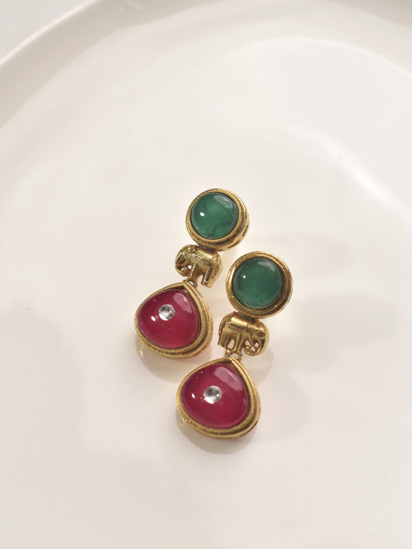 Ornate Golden Necklace with Red and Green Accents | Stylish Pendant Necklace set