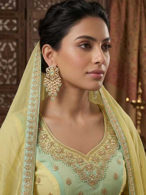 Green Earrings with Pearl-like Beads | Golden Polish Earrings