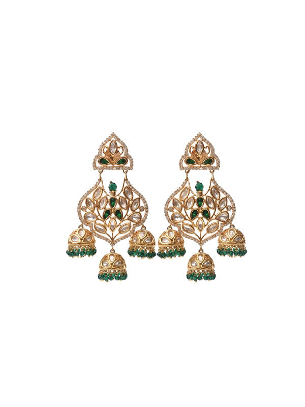 Golden Earrings with Green and White Stones | Stylish Kundan Earring with Green Beaded