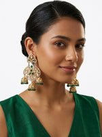 Load image into Gallery viewer, Golden Earrings with Green and White Stones | Stylish Kundan Earring with Green Beaded

