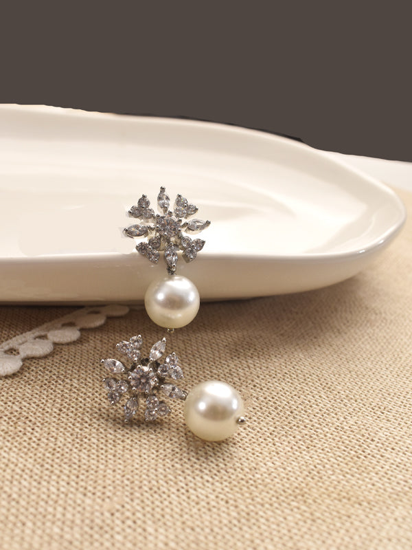 Snowflake-Shaped Earrings with White Pearls | White Pearl Earrings with AD Stone