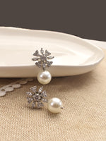 Load image into Gallery viewer, Snowflake-Shaped Earrings with White Pearls | White Pearl Earrings with AD Stone

