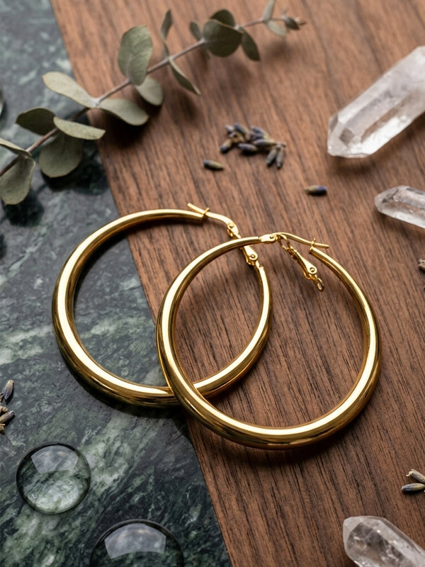 Sleek Smooth Medium-Large Golden Hoops | Minimalist Chunky Round Golden Hoop Earrings