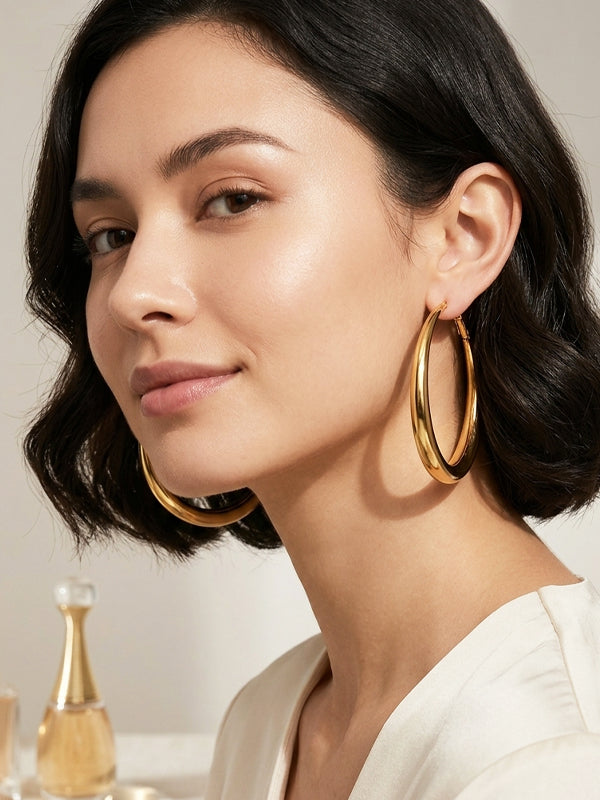 Sleek Smooth Medium-Large Golden Hoops | Minimalist Chunky Round Golden Hoop Earrings