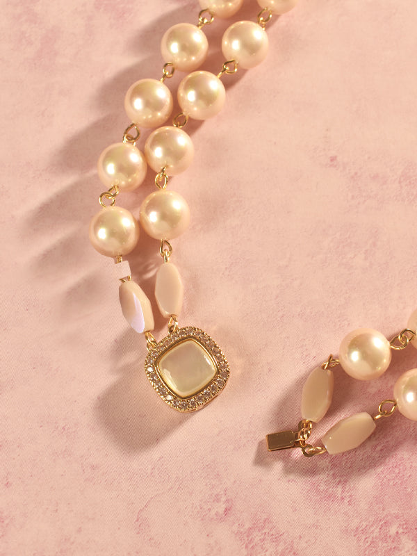 Regal Pearl & Mother-of-Pearl Double-Strand Necklace | Timeless Iridescence Pearl Necklace