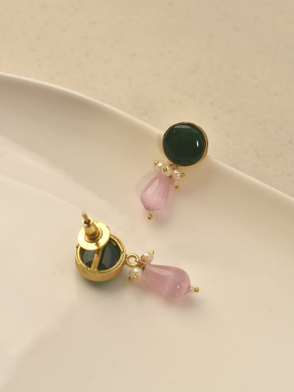 Long Pearl and Beads Necklace Set | Necklace with Green, White, and Pink Stones