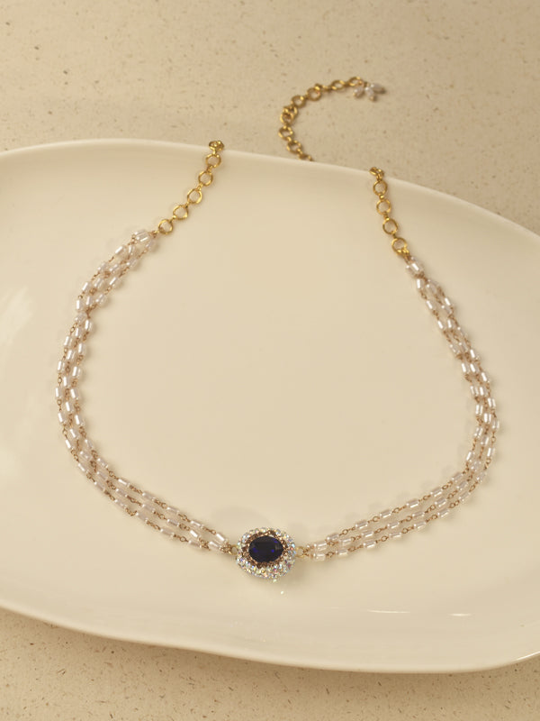 Blue Oval Crystal Pearl Necklace Set | Delicate Pearl Necklace Set