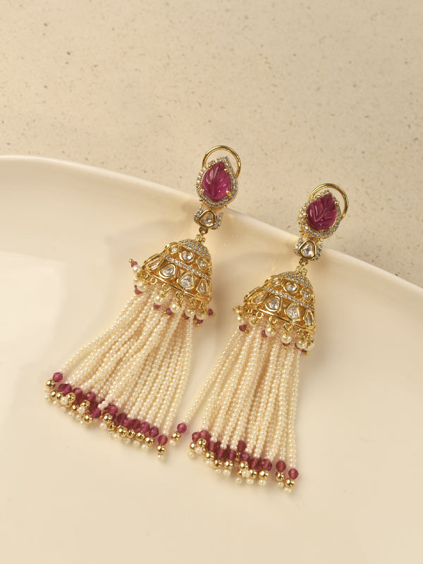 Elegant Golden Necklace with Red Gemstones | Gold-Toned Ruby & Pearl Tassel Pendant Set